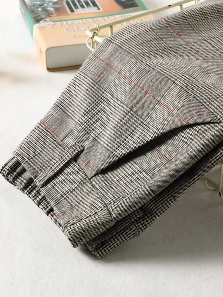 Korean High Waist Ankle Length Straight Pants Plaid Split