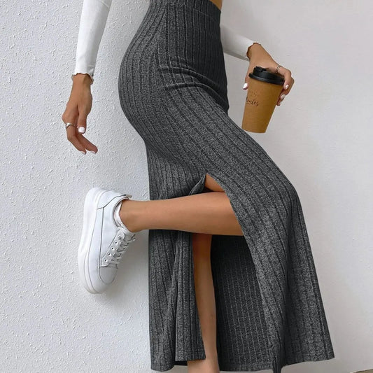 Spring Autumn Casual Women's High Waist Skirt Sexy Knitted Side Slit Elegant Office