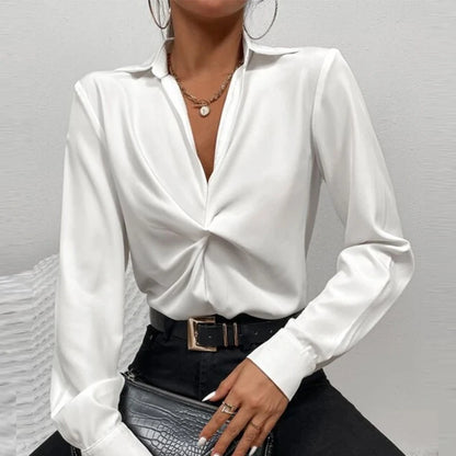 Autumn Lapel White Shirt Women Elegant Commuting Tops Fashion Casual V Neck Long Sleeve Blouses Blusas