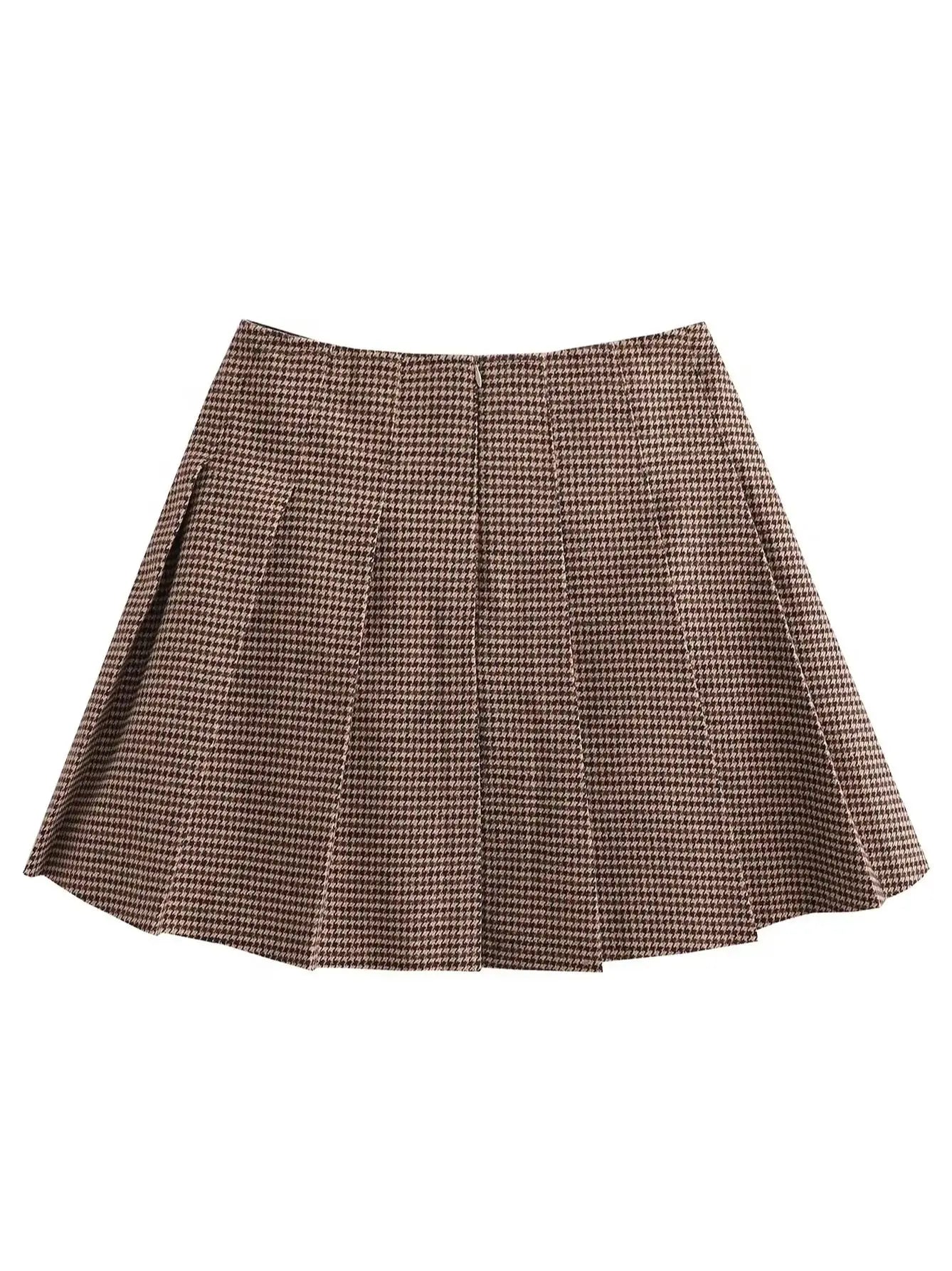 XNWMNZ 2024 Houndstooth Blazer and Skirt Set - Leather Buckle Decoration Wide Pleated Skirt