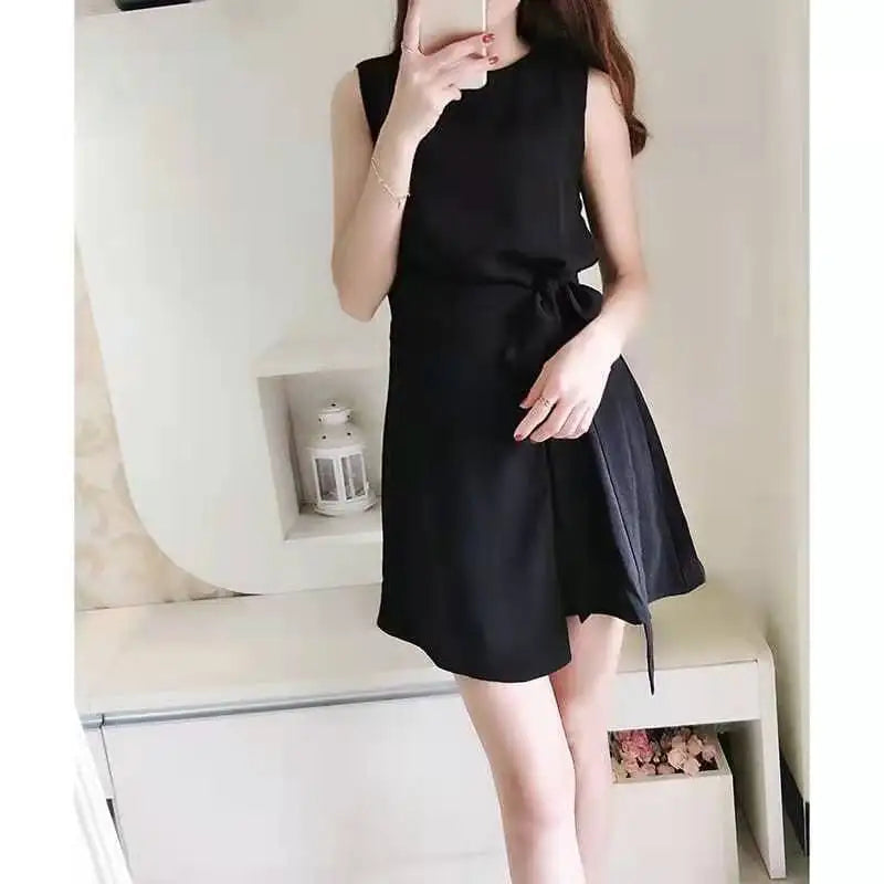 Sleeveless Lace Up Chiffon High Waisted Korean Version Dress Women 2024 Summer Short Dress