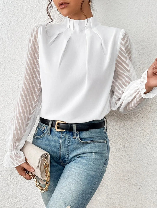 Elegant Women's Shirt Office Lady Blouse 2023 Autumn Half High Collar Panel Wave Chiffon Long Sleeve Top Women's Shirt S-XXL