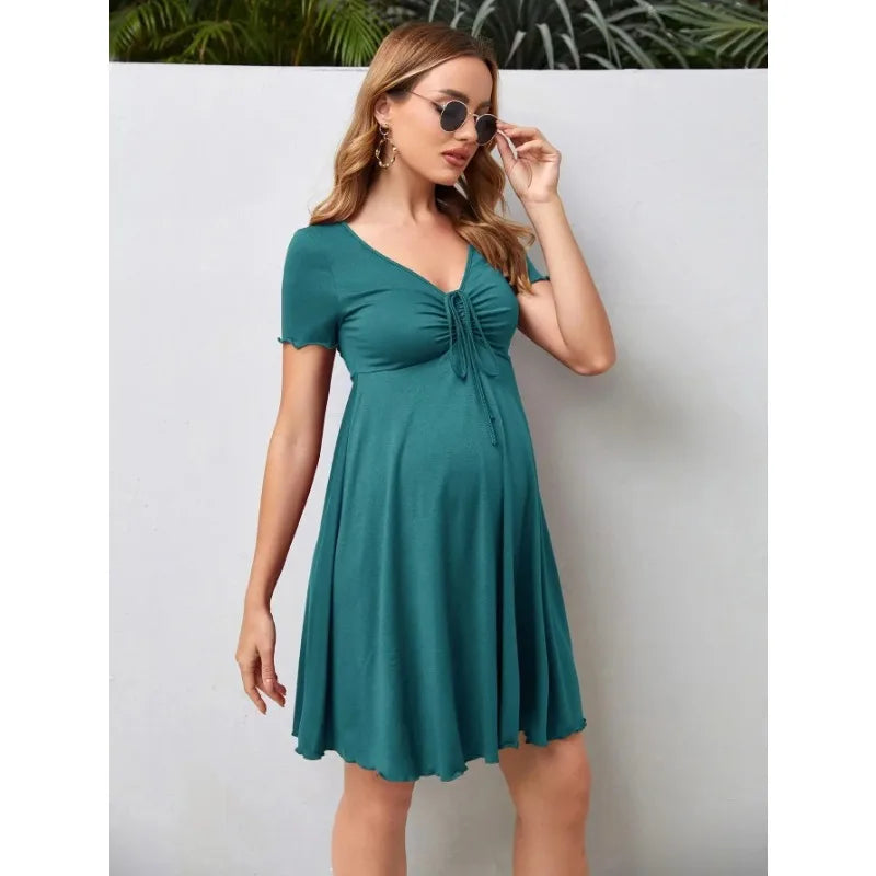 Solid Drawstring Dress - Summer Casual V-Neck Maternity