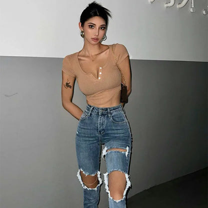 Xpqbb High Street Y2K Cropped T-Shirt Women Sexy Skinny V-Neck Basic Crop Tops Female Summer Slim Fit White Short Sleeve Tees