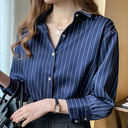 Blouse Women Blusas Mujer De Moda 2024 Turn Down Collar Striped Office Blouse Long Sleeve Chiffon Blouse Shirt Women Shirts D393