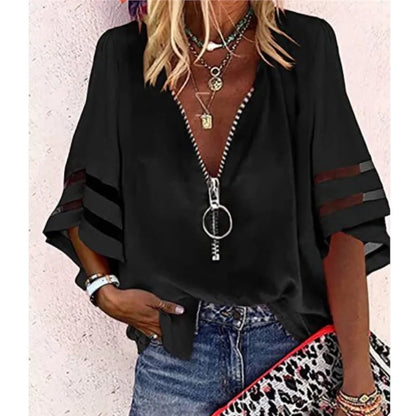 Casual Women's Shirt Top 2023 Summer Sexy V-Neck Zipper 3/4 Flare Sleeve Solid Color Patched Loose Blouse Women Clothing S-XXL