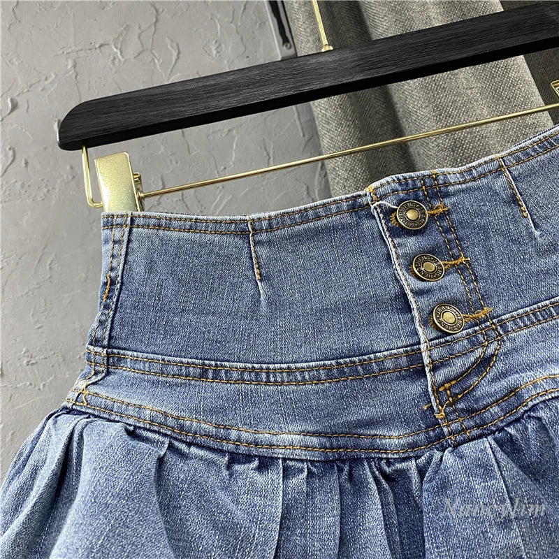 Harajuku High Waist Ruffles Cake Denim Skirt Woman