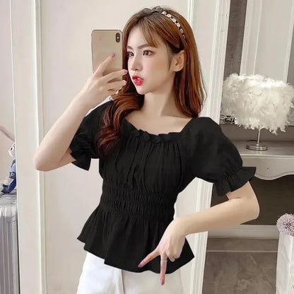 Short Chiffon Shirt Square Neck Top Puff Sleeve Design Women's Short Sleeve Thin Shirt  Womens Blouses Wholesale