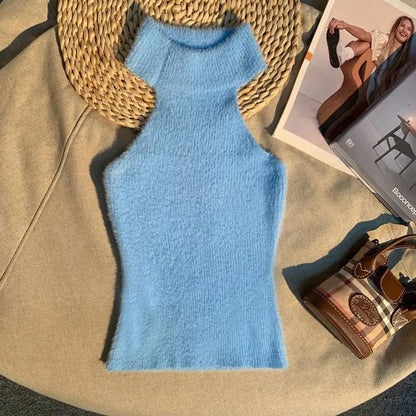 Spice Girl Hair Halter Neck Camisole Female Imitation Mink Inside Tank Top  Autumn and Winter Design Sense Knitted Bandeau Top