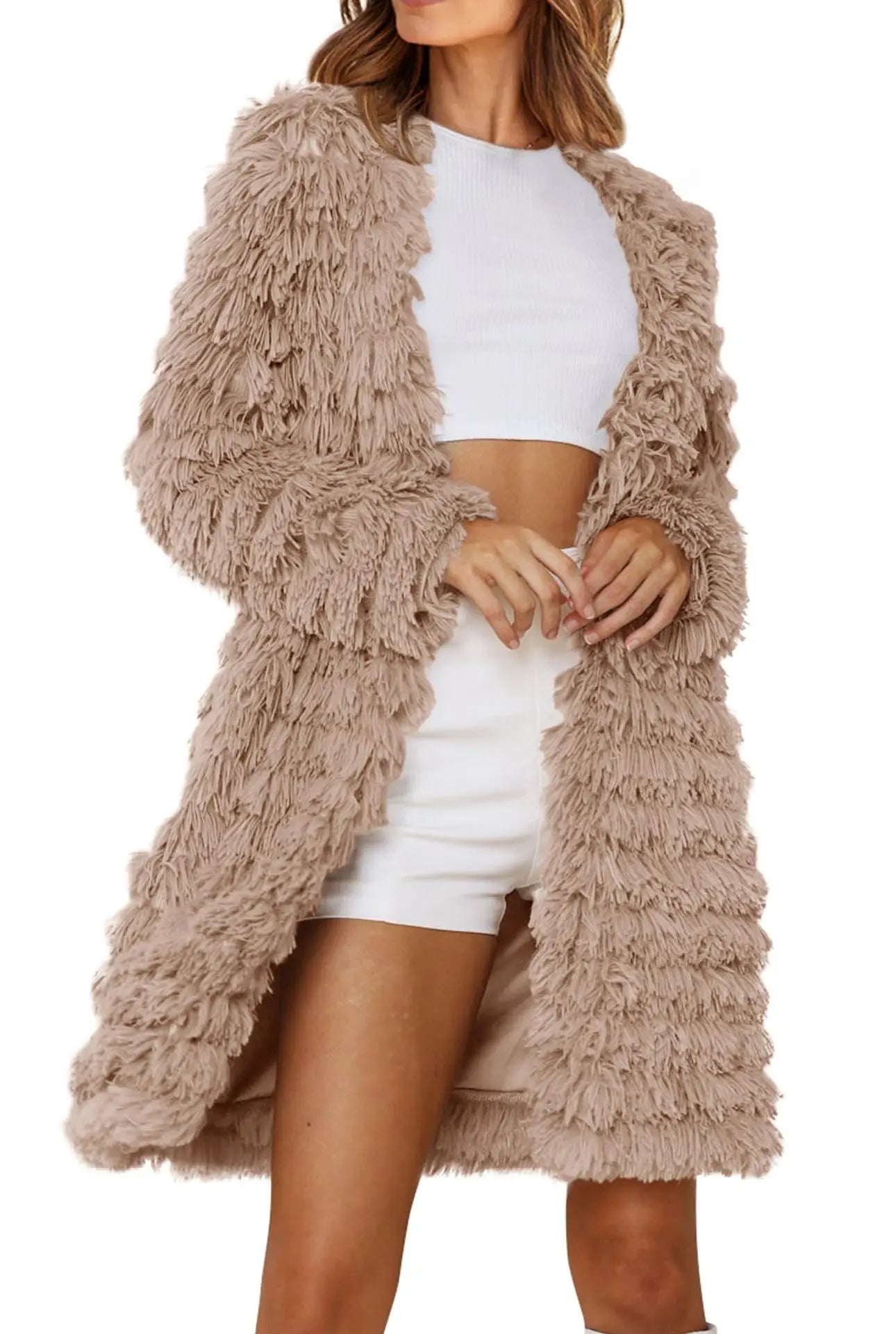 2023 Winter Long Sleeve Faux Fur Jackets - Open Front Long Cardigan Coat