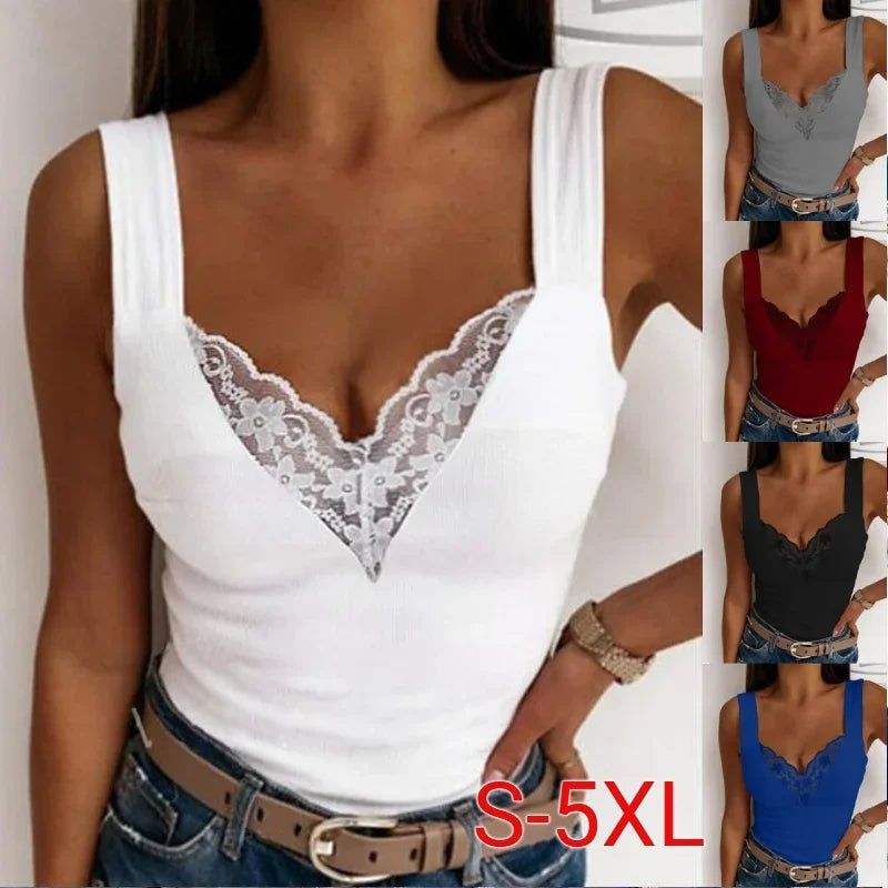 Women Summer Fashion V Neck Tank Casual Solid Color Lace Sleeveless Sexy Shirts Slim Tops