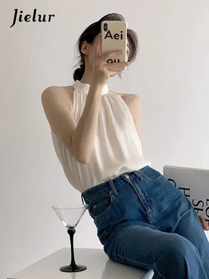 Jielur Summer New Solid Color Slim Women Blouse Sweet Ladies French Halter Blouse Woman Beige Simple Basic Sleeveless Top Female