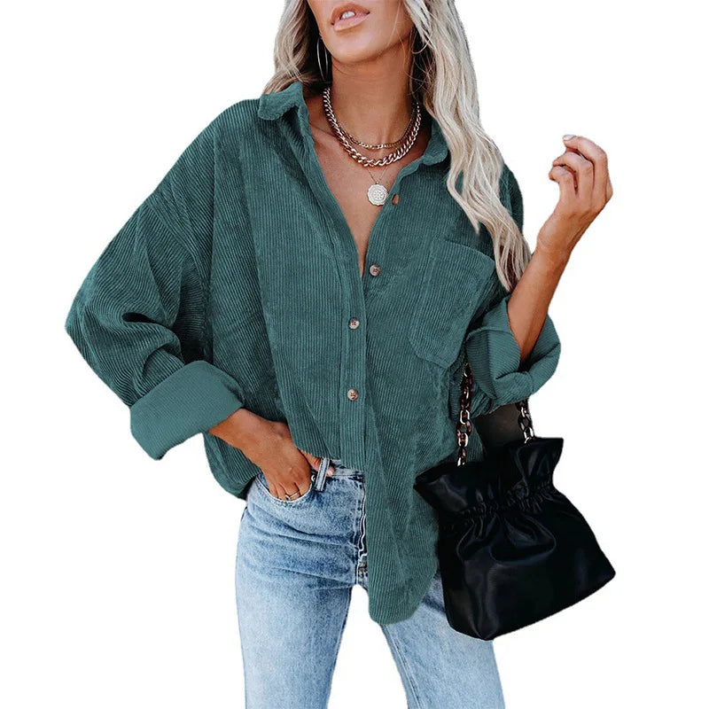 Spring Autumn Women Corduroy Shirt 2024 New Female Pocket Lapel Pure Color Blouses Women Long Sleeve Tops Casual Loose Overshirt