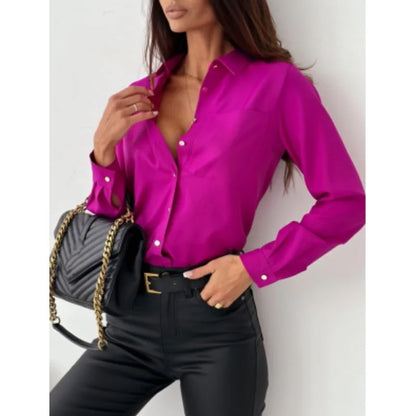 Elegant Lady Shirt Top Blouse2023 Autumn Simple Solid V-Neck Shirt Office Women's Wear