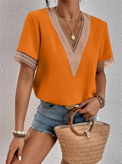 Women's Blouse V-neck Splicing Lace Elegant Commuter Loose Short Sleeve Shirt Female 2023 Summer British Style Daily Casual Tops