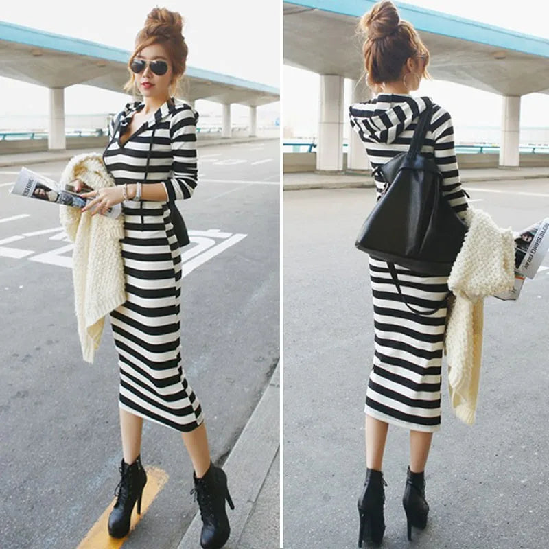 Women's Pullover Sweater Dress - Autumn Stripes Print, Casual Long Section