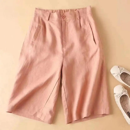 Linen Suit Shorts Pure Color High Waist Straight Wide