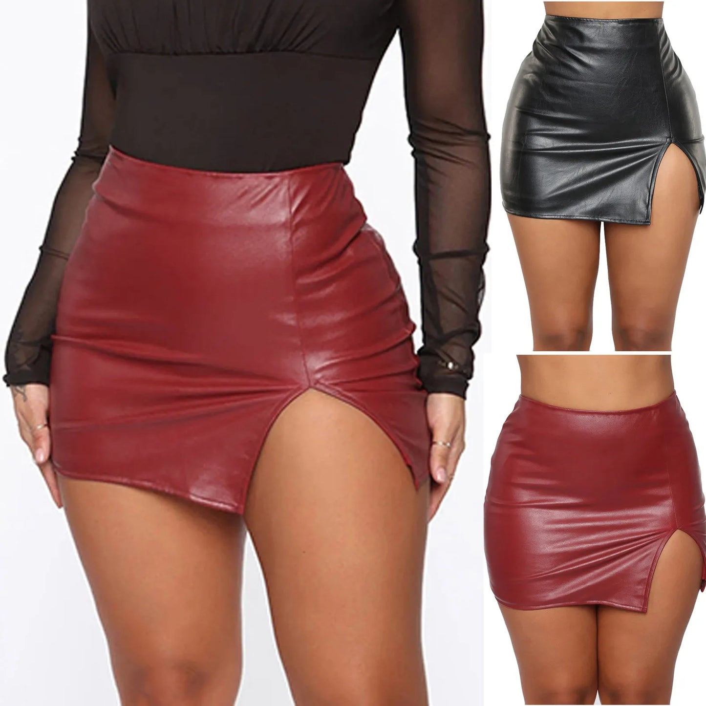 Clubwear Skirts Summer Solid Color Pu Zipper Hip Leather