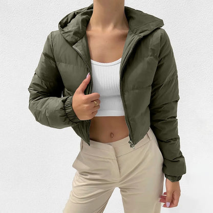 Winter Hooded Puffer Jacket - Women’s Warm Cropped Coat