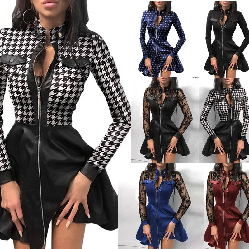 Sexy Lace Mesh Long Sleeve Dress - Patchwork Party Dress, PU Leather Mini Dress