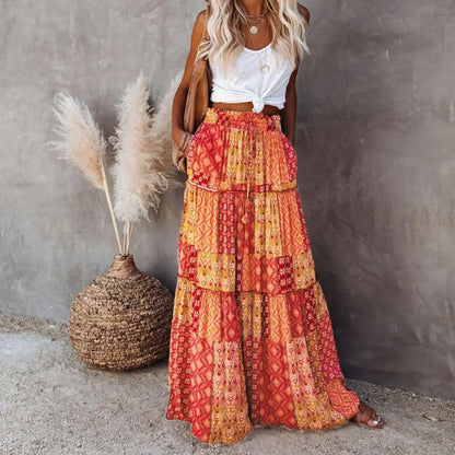 Bohemian Skirt Ethnic Print Maxi Skirt Patchwork A-Line Vacation