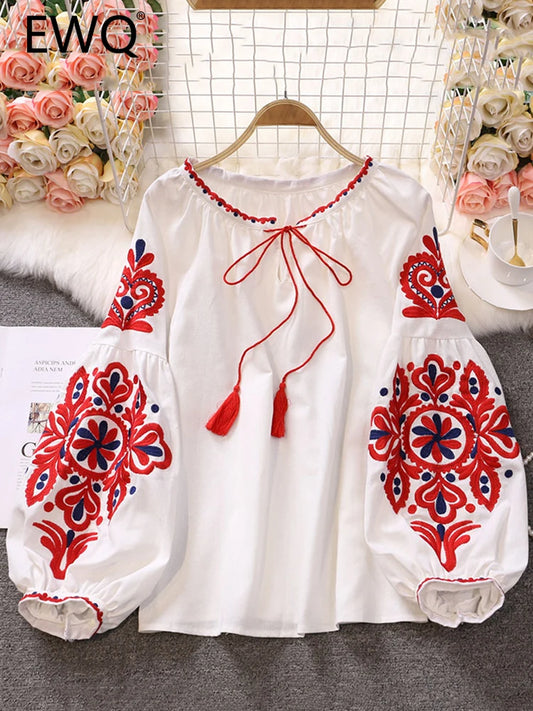 EWQ Sweet Style Women Pullover Shirts Embroidery Patchwork Bandage V-neck Lantern Sleeve Spring Summer 2023 New Blouse SN0452