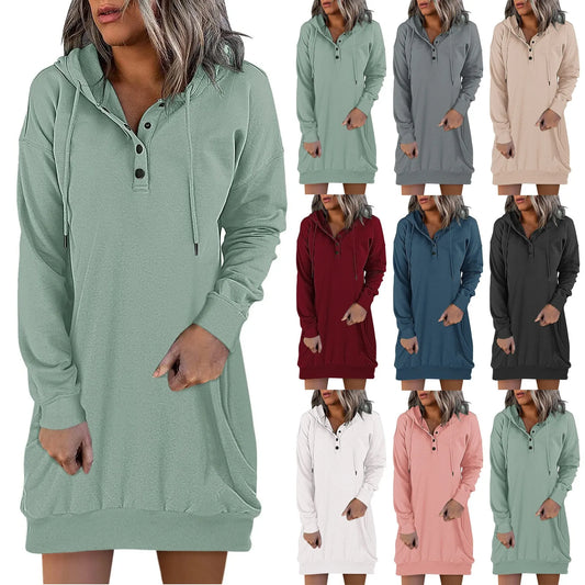 Long Sleeve Drawstring Pullover Dress - Casual Hoodie Dress