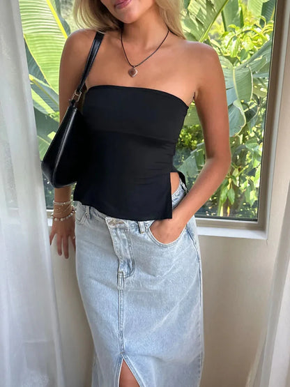 2024 New Fashion Women Tube Tops Solid Color Slit Strapless Tank Tops Summer Backless Bandeau Shirts Streetwear