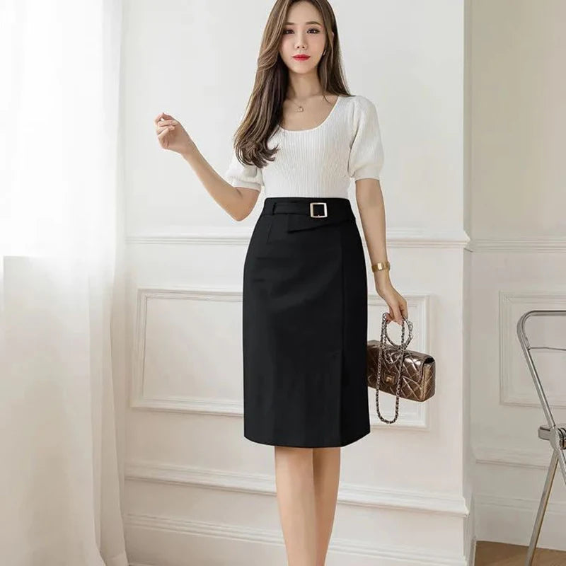 Elegant Suit Business Work Skirt High Waist Split Knee