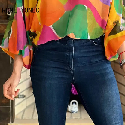 Women Tops 2023 Off Shoulder Allover Print Lantern Sleeve Top Women Blouse