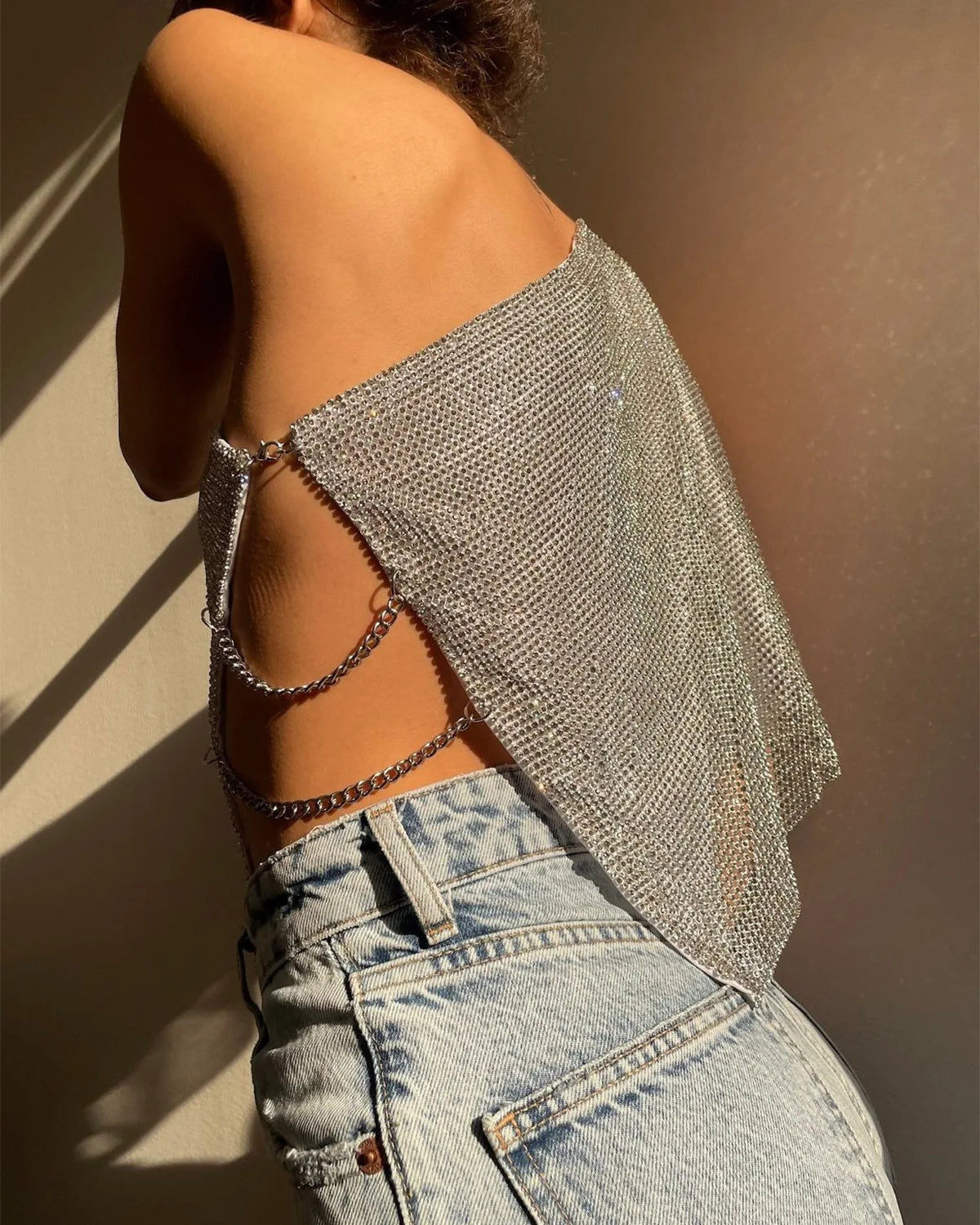 Bling Diamonds Triangle Halter Tops for Women Night Club Outfits Party Luxury Glitter Vest Festival Rave Sexy Backless Tank Top