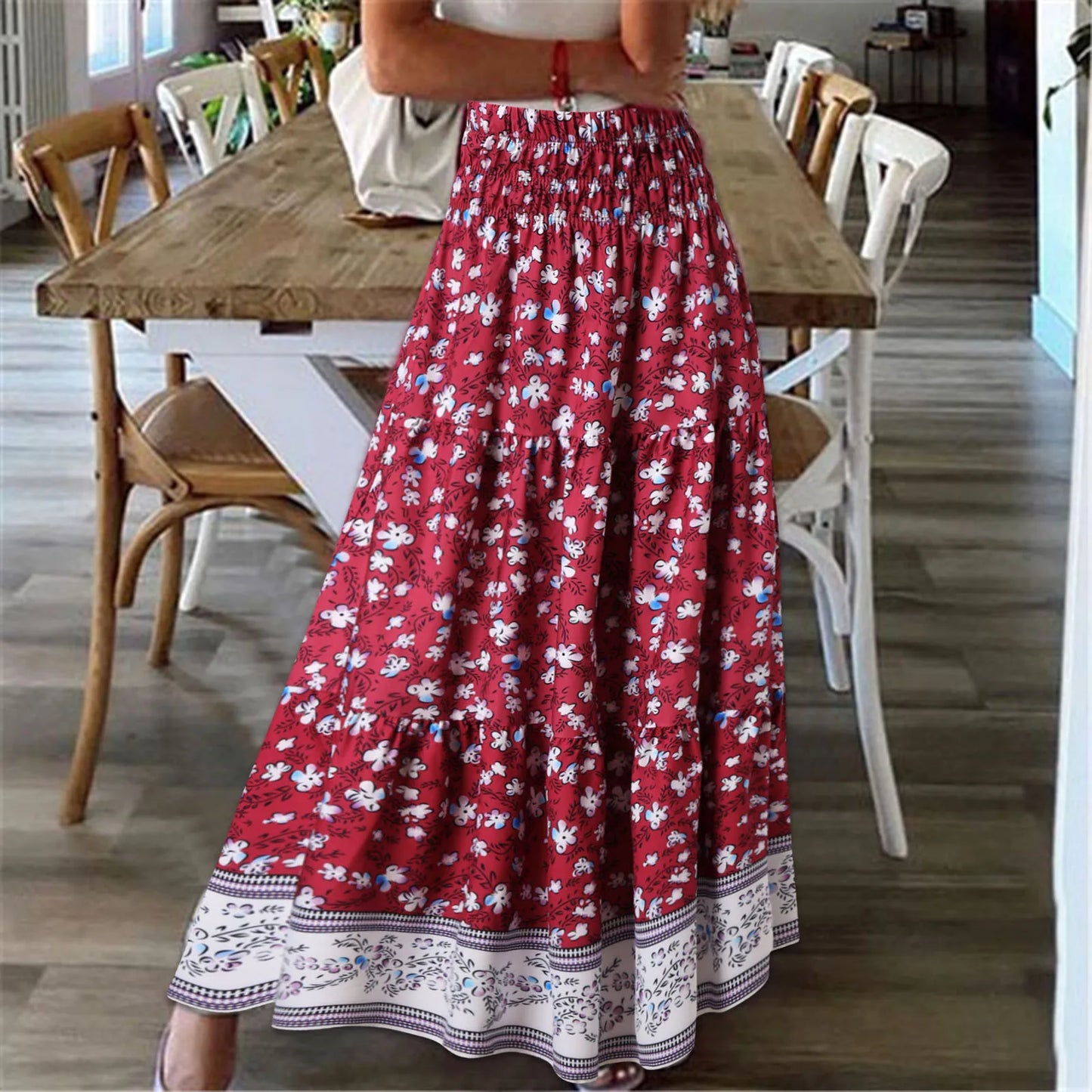 Retro Floral Print Skirts Women's Summer High Waist A-Line