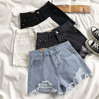 Summer Denim Shorts Ripped Holes High Waist Street Wide