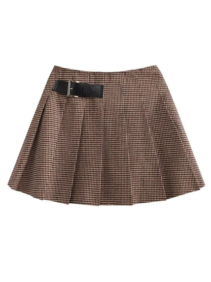 XNWMNZ 2024 Houndstooth Blazer and Skirt Set - Leather Buckle Decoration Wide Pleated Skirt