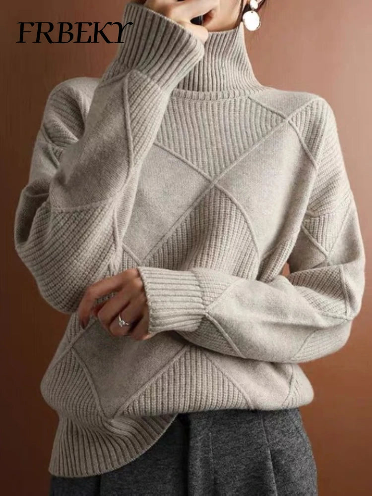 Turtleneck Sweater Autumn Winter Diamond Solid Color Warm Pullover Loose Lazy Wind Knitted Bottoming Shirt Pullovers Tops Jumper