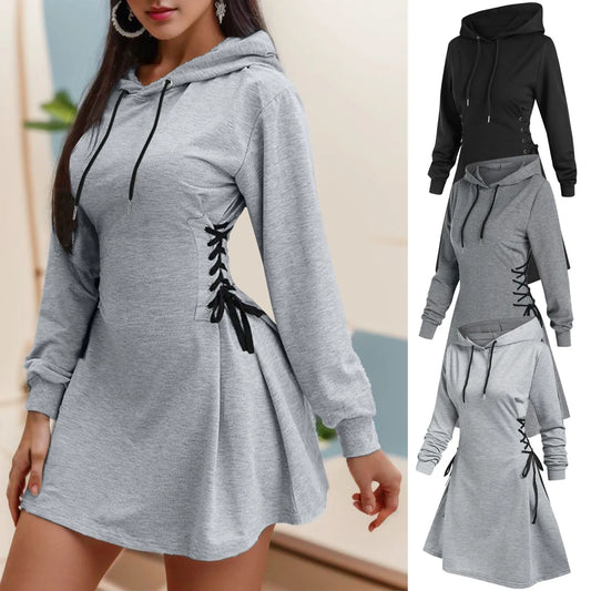 Women Tie Waist V Neck Long Sleeve Slim Fit Hoodie Dress