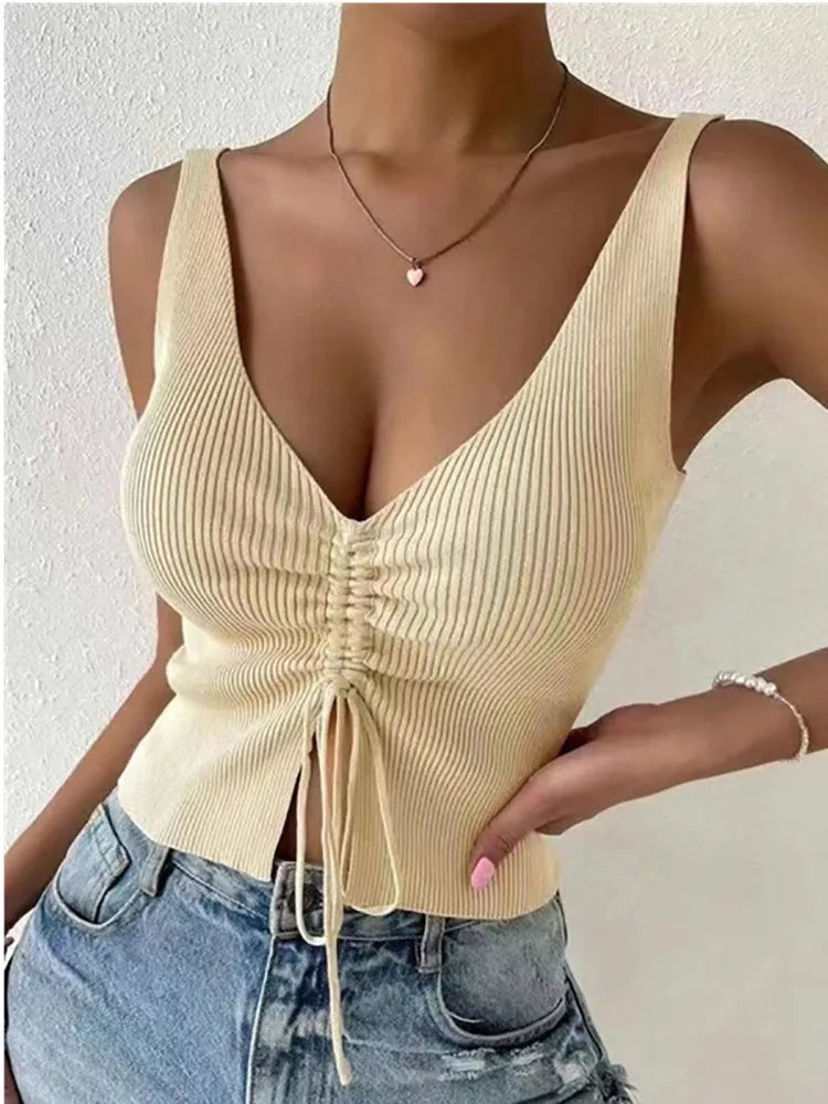 New Summer Women Drawstring Front Ribbed Knit Tops Femme Sexy V Neck Sleeveless Crop Top Clothes High Stretch Split Cropped Tank