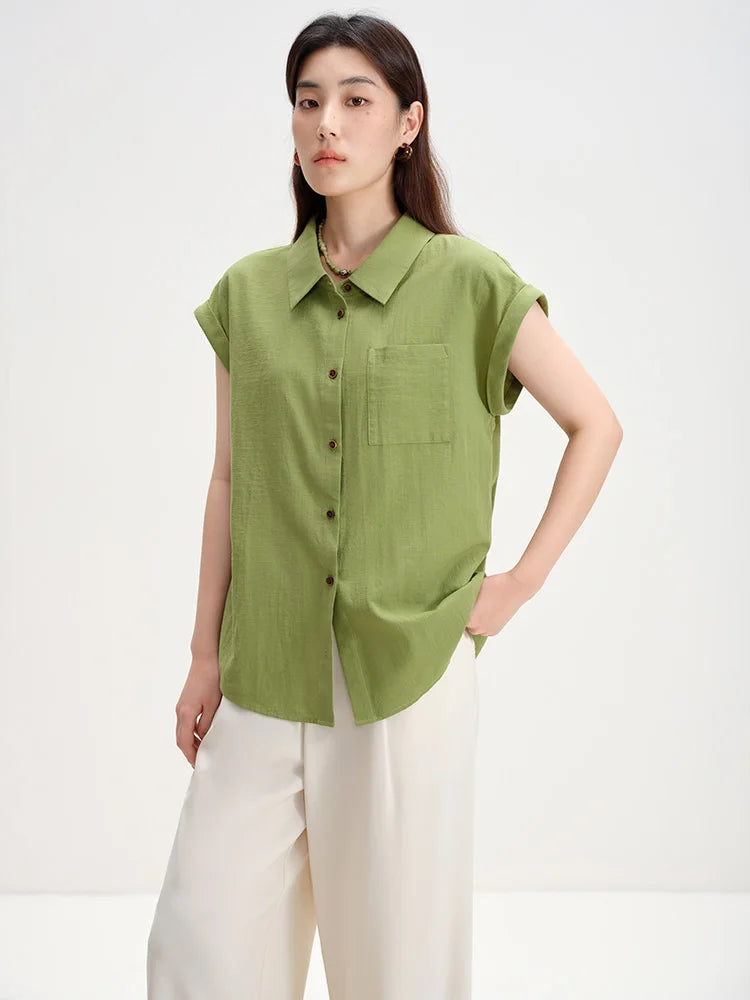 DUSHU Women Sleeveless Green Blouses Polo Neck Single Breasted Cotton Loose Shirts Commuter Simple Pink Summer Tops 24DS82825