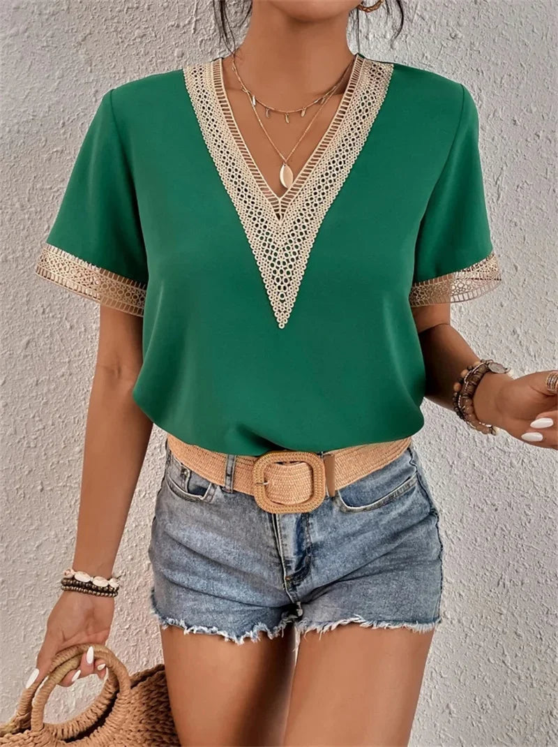 Women's Blouse V-neck Splicing Lace Elegant Commuter Loose Short Sleeve Shirt Female 2023 Summer British Style Daily Casual Tops