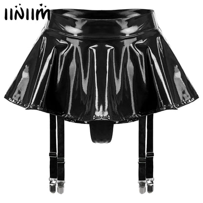 Women's Wet Look Patent Leather Ruffle Mini Skirt Built-In Thongs