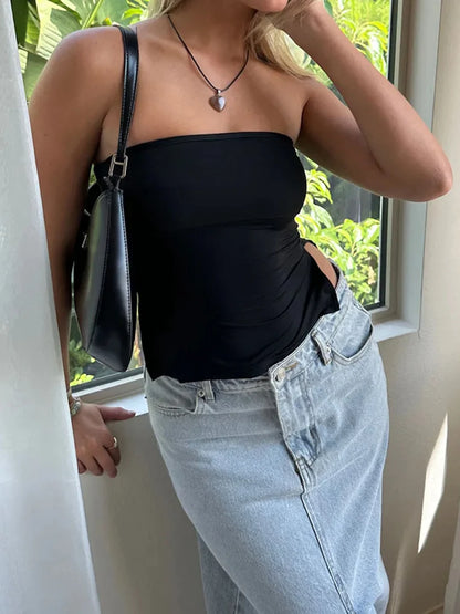 2024 New Fashion Women Tube Tops Solid Color Slit Strapless Tank Tops Summer Backless Bandeau Shirts Streetwear