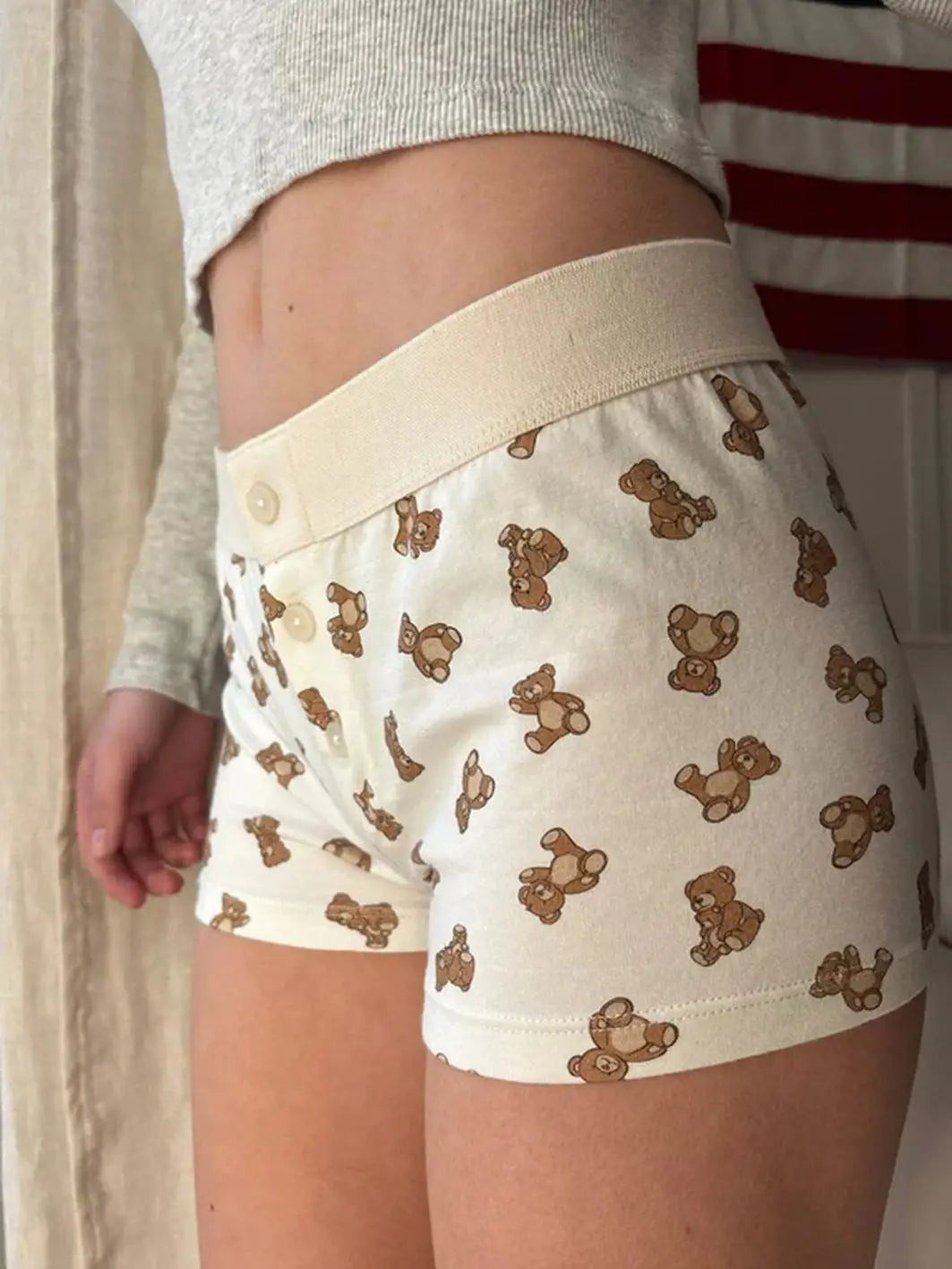 Bears Print Straight Shorts Buttons Patchwork Elastic Waist Casual