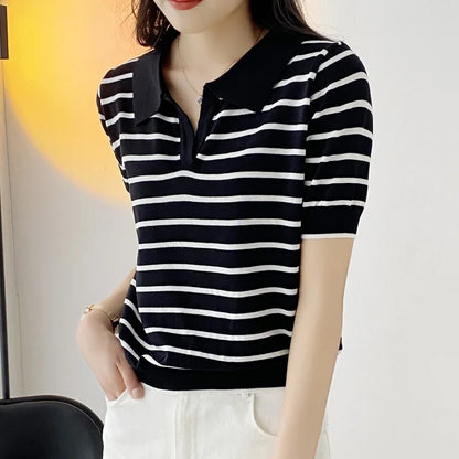 Women  Summer  POLO T-Shirt Causal Cotton Short Sleeve Lady T Shirt Striped Summer Female Trendy Fashion Top Tee