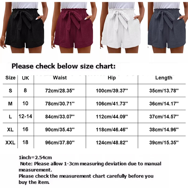 Women's Cotton Linen High Waist Shorts Sweet Bow Tie Hotpants