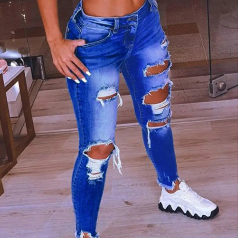 Stylish Trousers Washable Zipper Closure Women's Ripped Holes Skinny Jeans Women