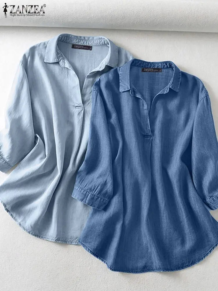 ZANZEA Stylish Women V Neck 3/4 Sleeve Blouse Summer Denim Blue Shirt Elegant Solid OL Work Tops Tunic Casual Loose Blusas Mujer