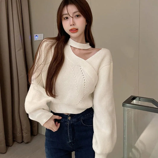 Hanging Neck Red New Year's Soft Waxy Sweater Women's Autumn And Winter New Western Style Loose Short Knitted Sweater Top