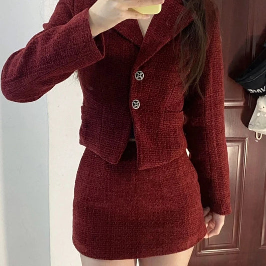 Women's French Waist Woolen Blazer & Skirt Suit - Retro Solid Color Two-Piece Set