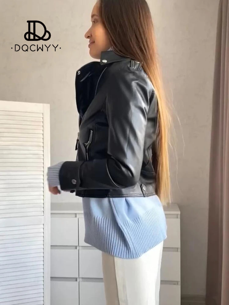 Women’s PU Jacket - Fashion Black Slim Lapel Motorcycle