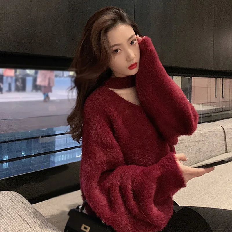 Women Sweater Hanging Neck Imitated Mink Fur Loose Soft Pullover  Autumn Winter Stay Warm Leisure Top Solid Color